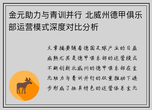 金元助力与青训并行 北威州德甲俱乐部运营模式深度对比分析