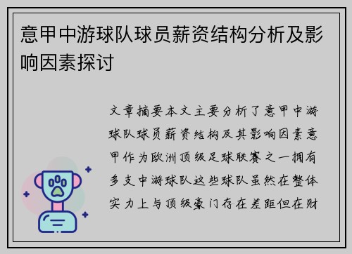 意甲中游球队球员薪资结构分析及影响因素探讨