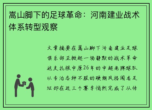 嵩山脚下的足球革命：河南建业战术体系转型观察