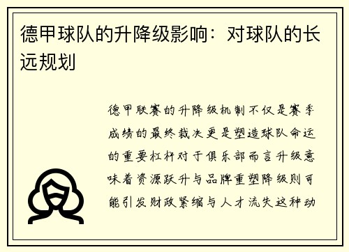 德甲球队的升降级影响：对球队的长远规划