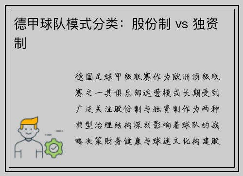 德甲球队模式分类：股份制 vs 独资制